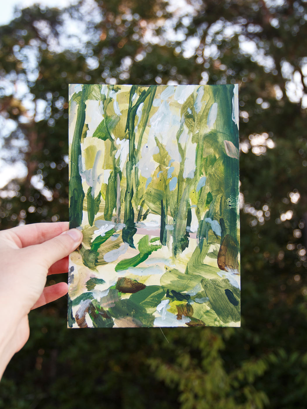 Entwurf für ein Kunstwerk einer Waldlandschaft in natürlichen Grüntönen mit Acrylfarben als Auftragsmalerei