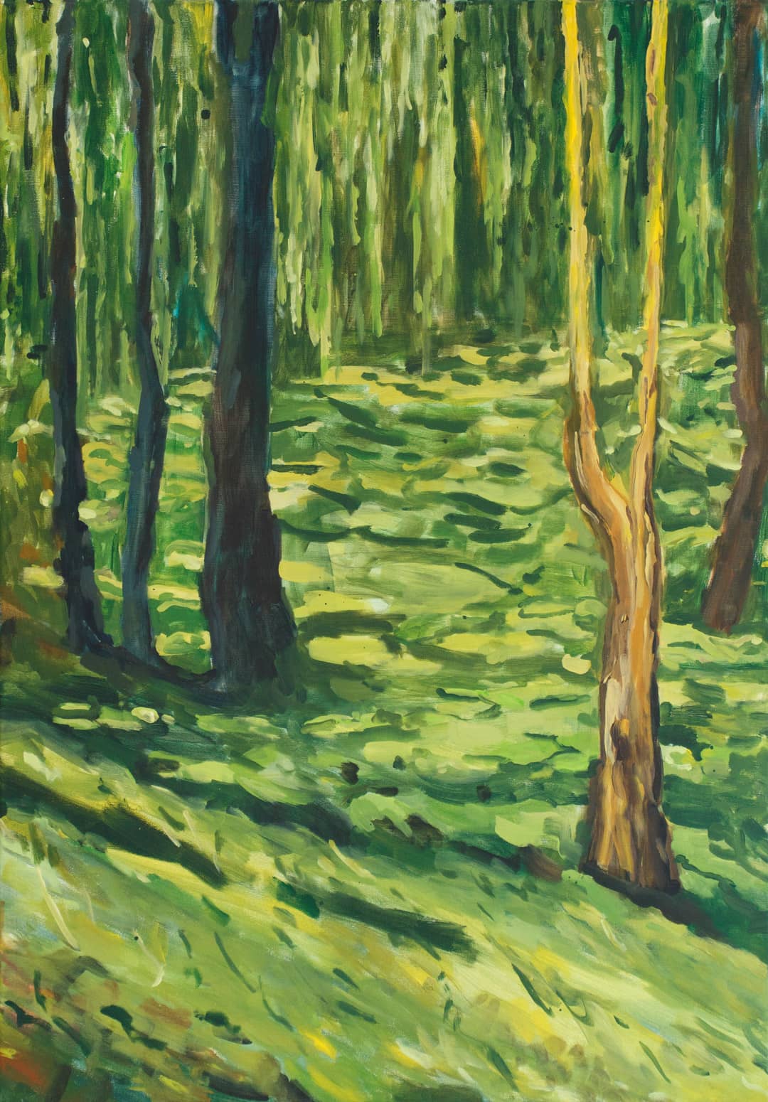 Idyllisches Waldstück bei Nürnberg mit Bäumen und grünem Blätterdickicht als impressionistische Malerei in Acryl auf Leinwand