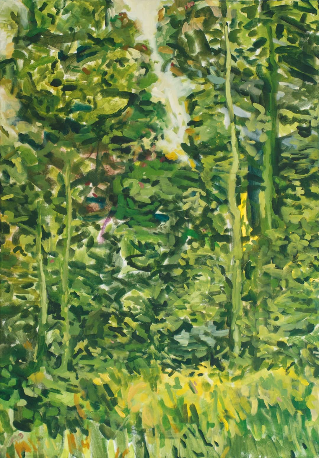 Ein Waldstück bei Nürnberg mit einer Wiese und Laubbäumen als impressionistische Landschaftsmalerei in Acryl auf Leinwand