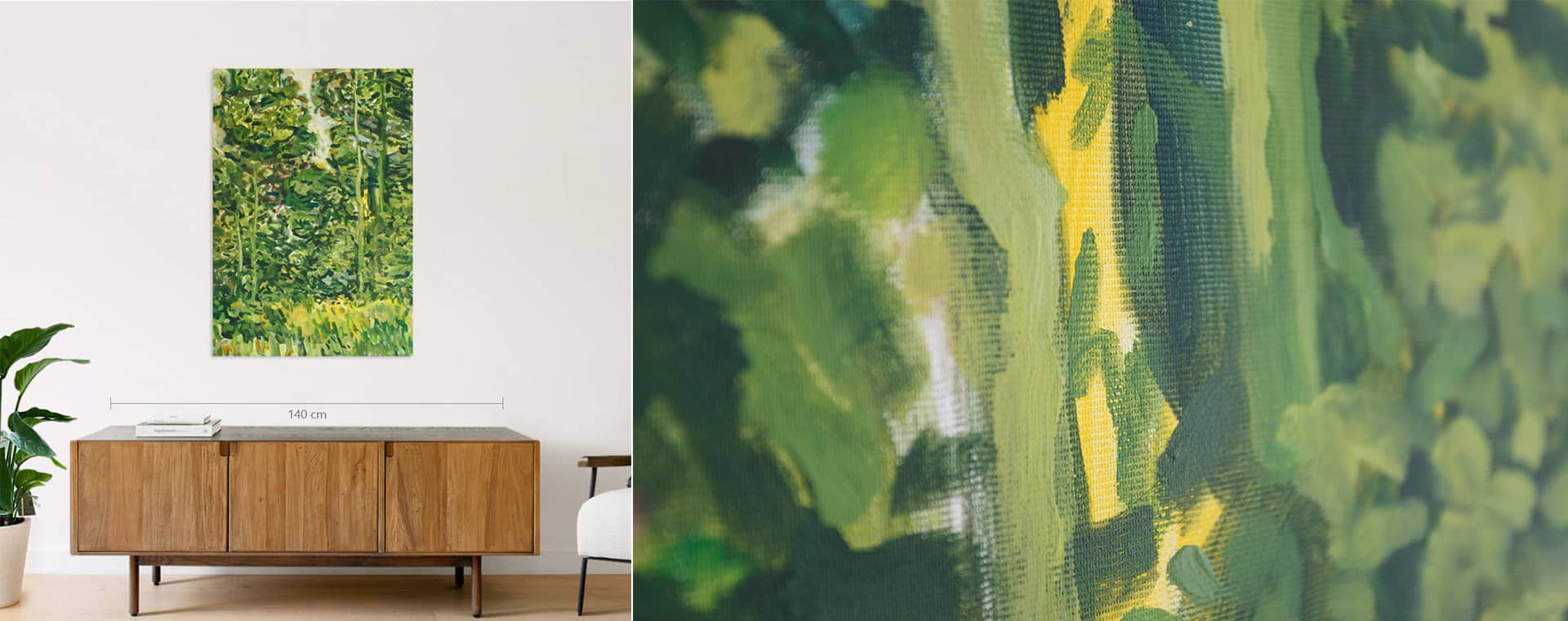 Impressionistische Waldmalerei über einer Kommode und Nahaufnahme der leuchtenden Acrylfarbe in Grün und Gelb auf Leinwand