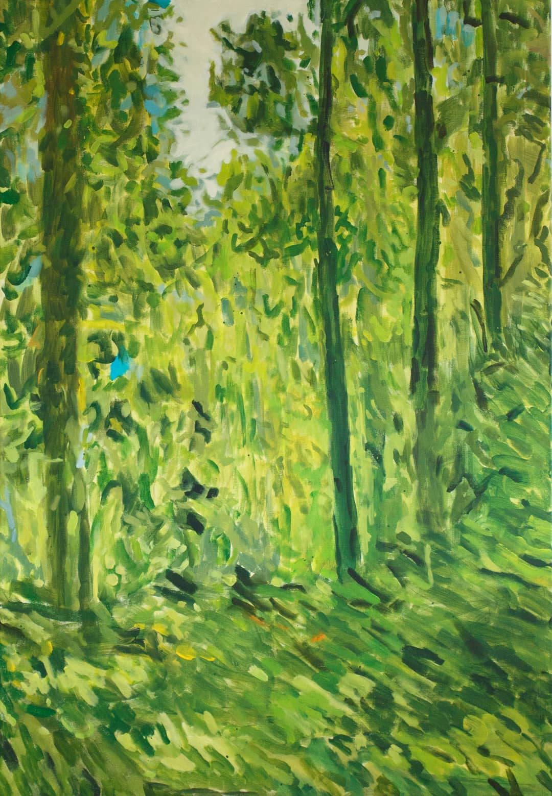 Grünes Blätterdickicht im Wald bei Nürnberg als impressionistische Landschaftsmalerei in Acryl auf Leinwand