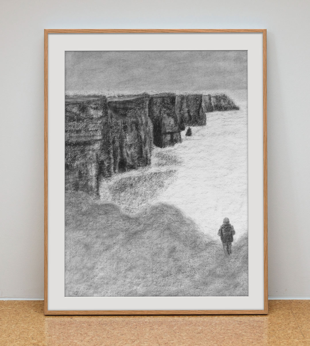 Gerahmte Kohlezeichnung der Cliffs of Moher in Irland
