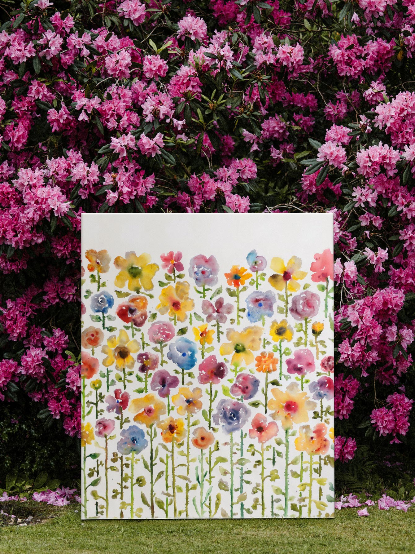 Brautstrauß trocknen und konservieren in Farbe auf Leinwand vor Rhododendron